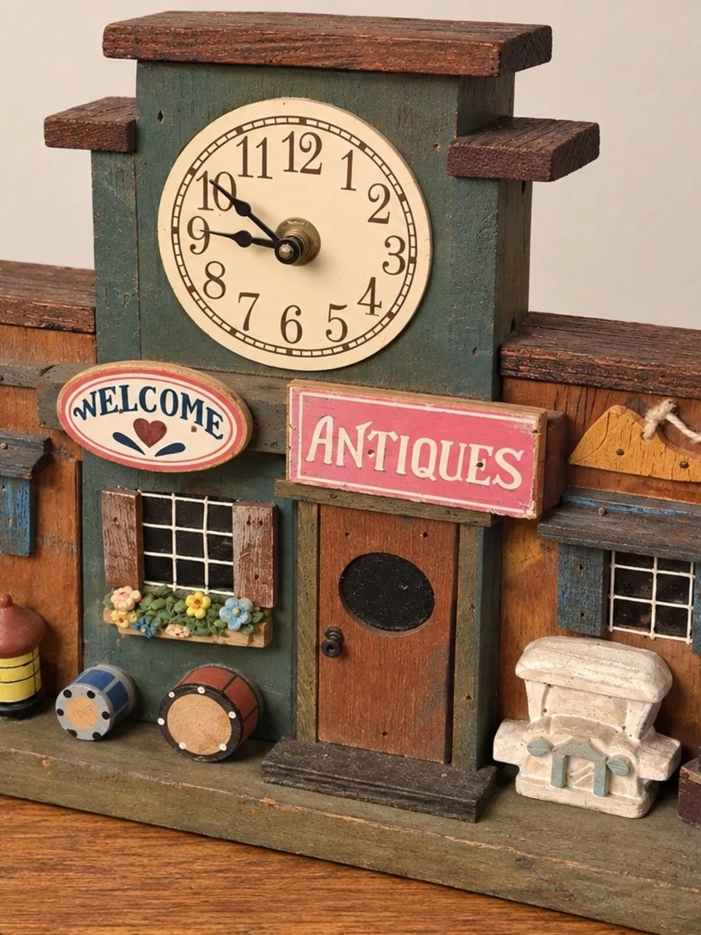 Rustic Green Wooden Wall Clock Decor with Pink Antiques Sign